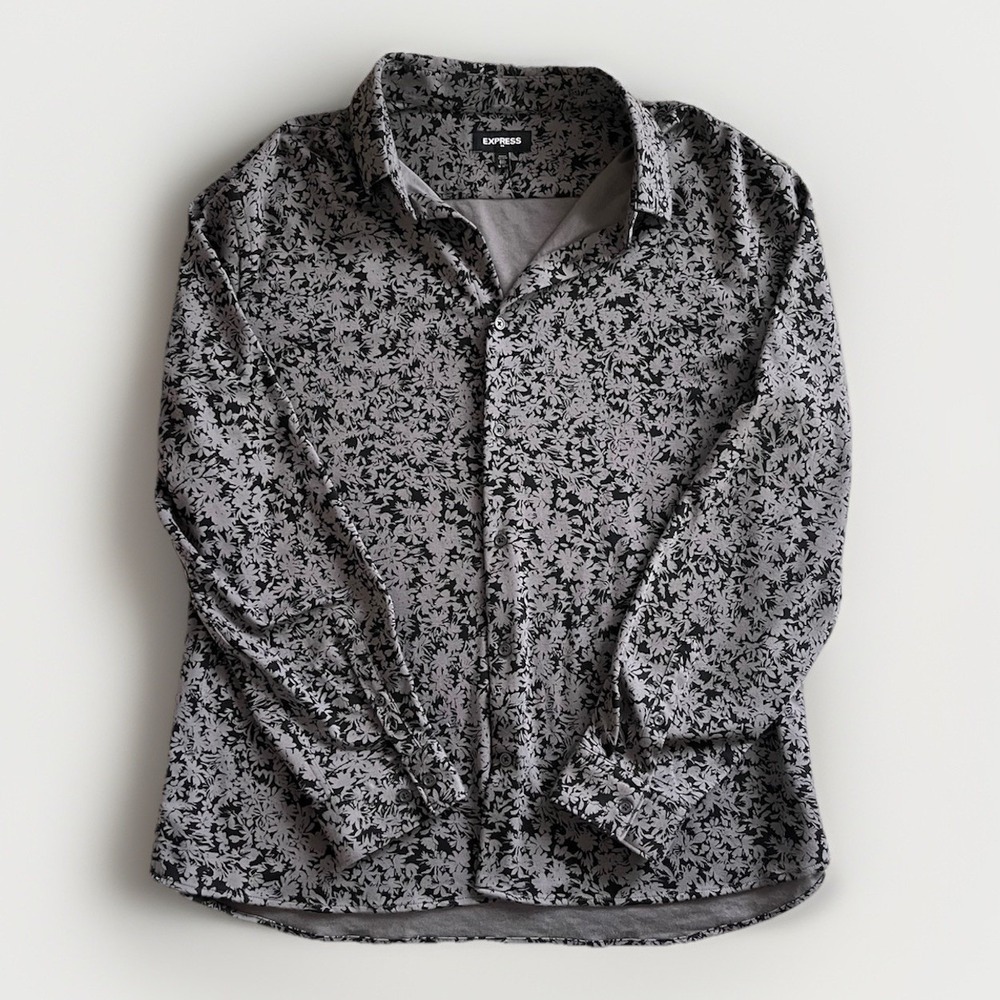 Express Black and Gray Floral Print Button-Down Shirt